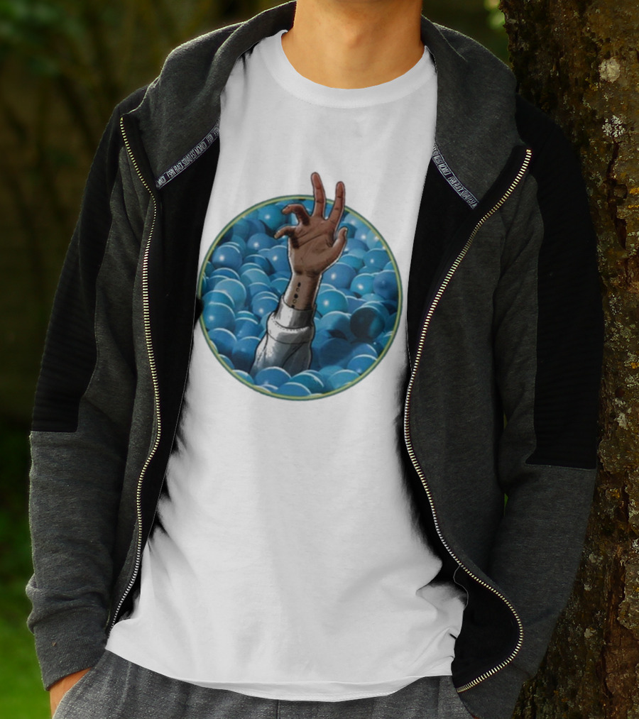 Hand Reaching Out Of Blue Ballpit Sphere T-Shirt