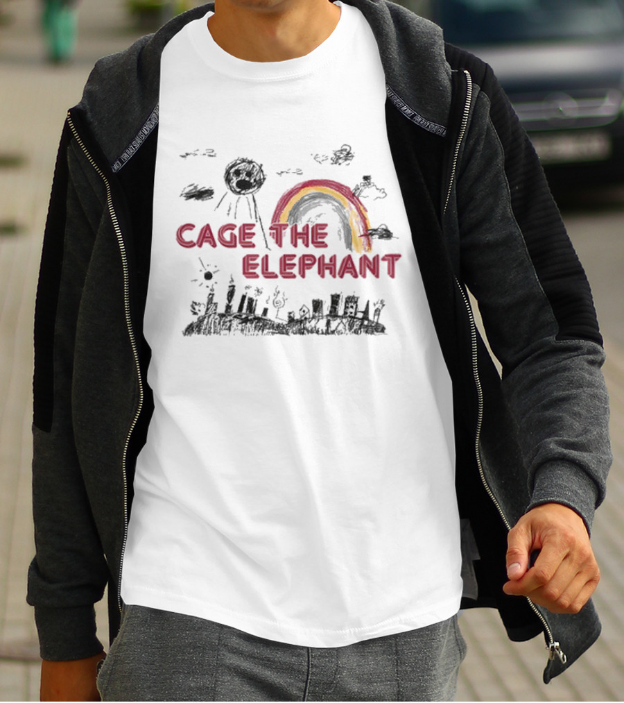 Cage The Elephant Rainbow Doodle With Scribbled Skyline And Clouds T-Shirt