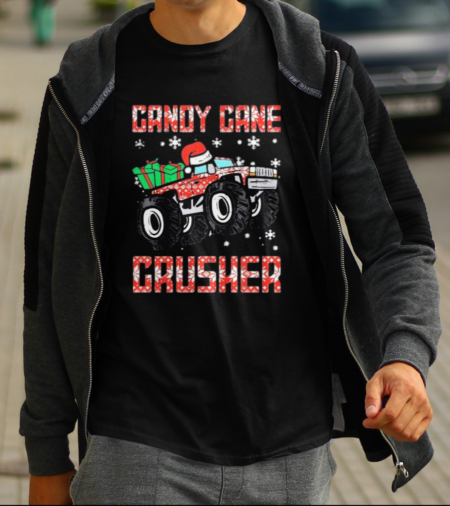 Candy Cane Crusher Christmas Monster Truck Toddler Boys Snowflakes Santa Present T-Shirt