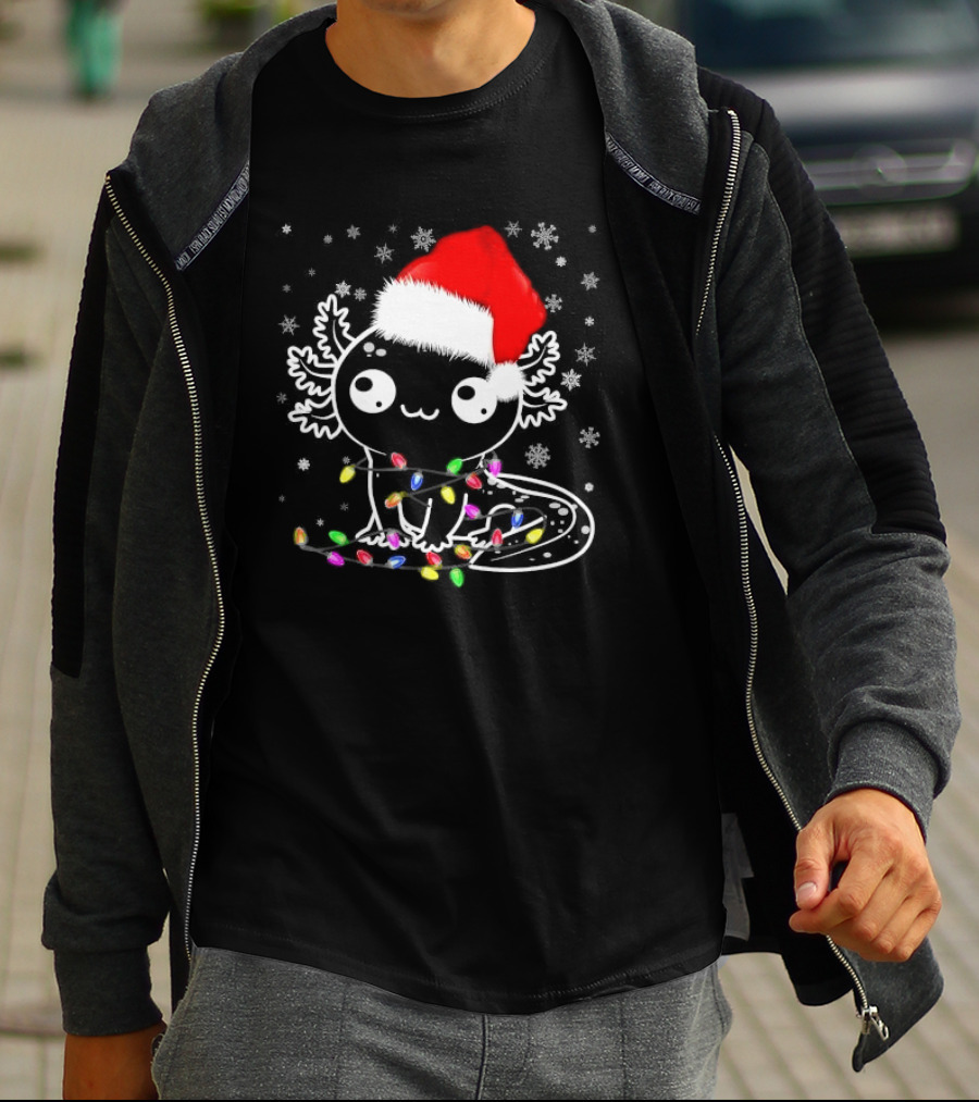 Santa Hat Axolotl Wrapped In Colorful Christmas Lights And Falling Snowflakes T-Shirt