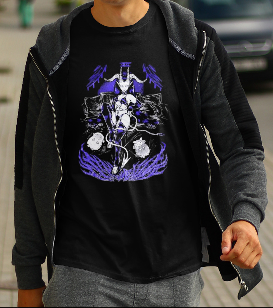 The Devil Pinku Kult Demonic Figure Surrounded By Ghostly Creatures And Occult Symbols T-Shirt