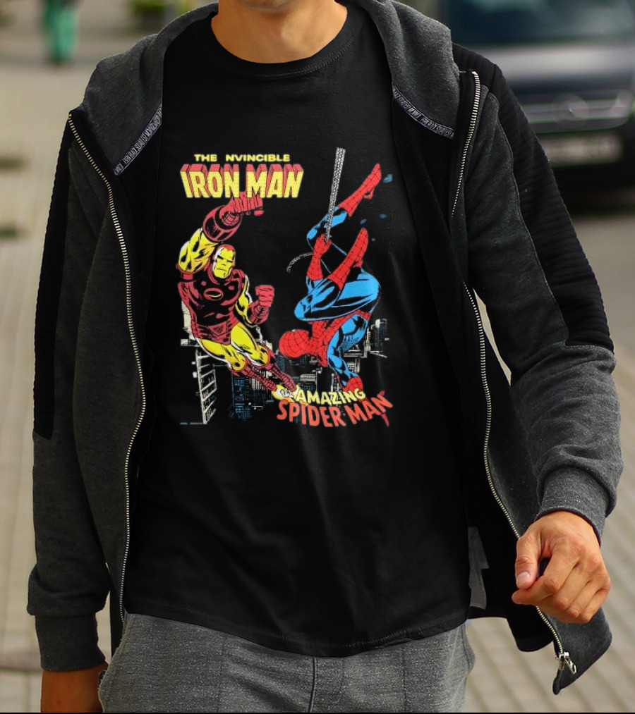 The Invincible Iron Man And The Amazing Spider-Man Showdown In The City T-Shirt