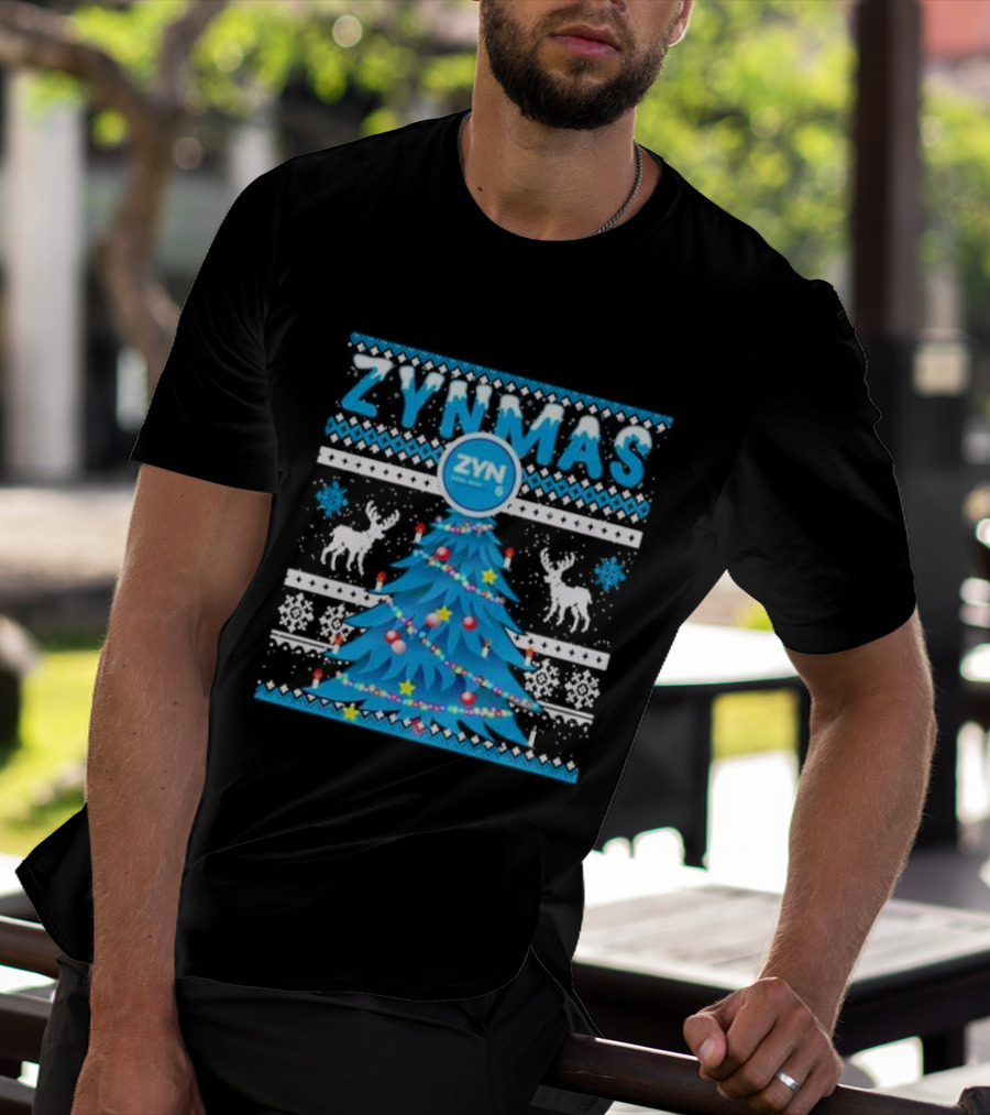 Zynmas ZYN Blue Christmas Tree Reindeer Pattern Snowflakes T-Shirt