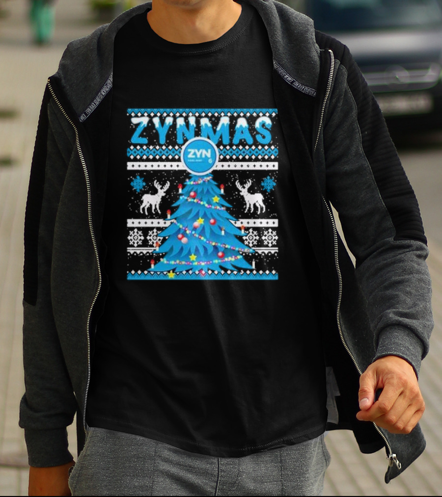 Zynmas ZYN Blue Christmas Tree Reindeer Pattern Snowflakes T-Shirt