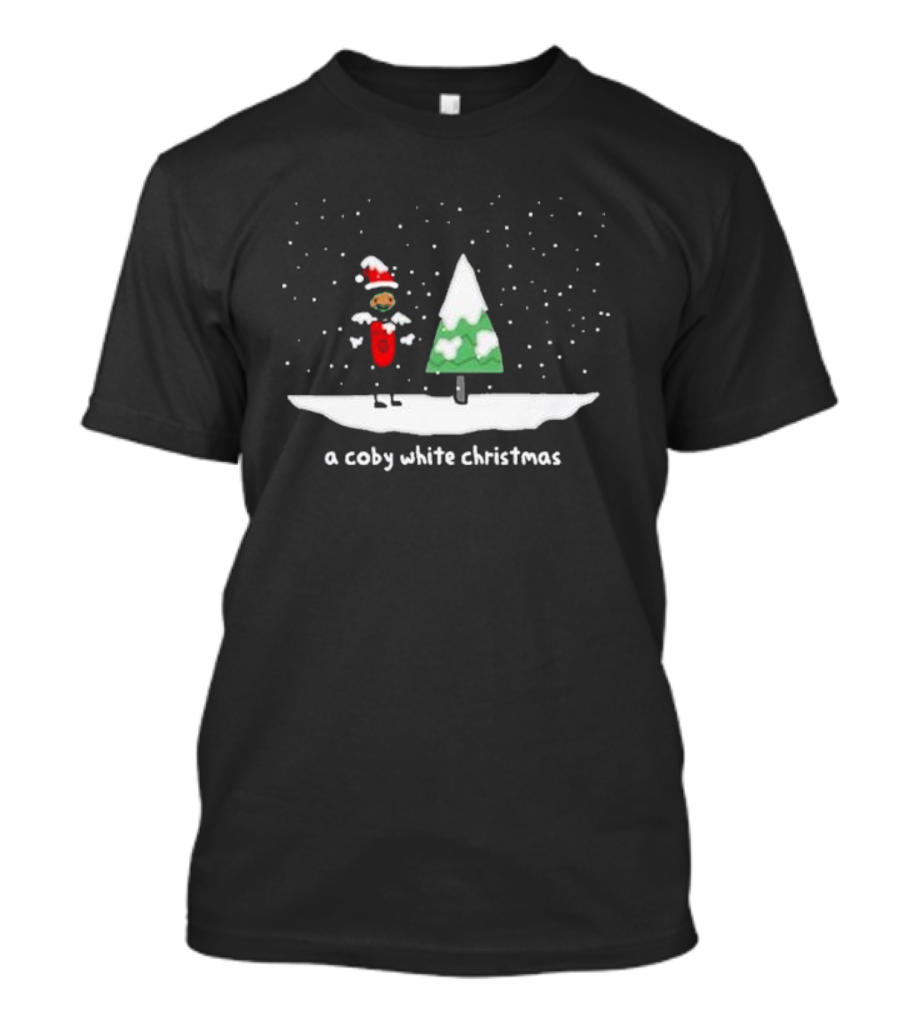 A Coby White Christmas Snowy Cartoon Scene With Santa Hat And Tree T-Shirt