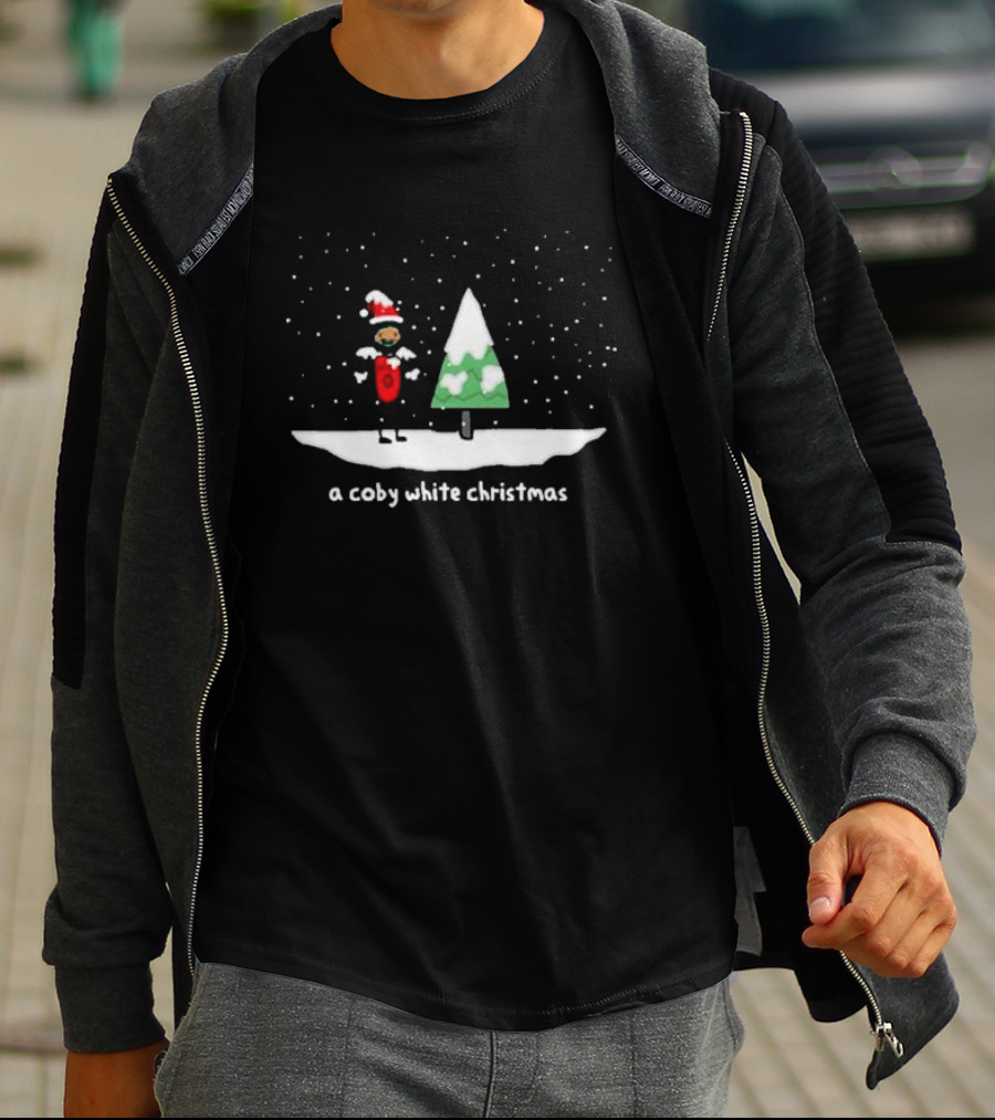 A Coby White Christmas Snowy Cartoon Scene With Santa Hat And Tree T-Shirt