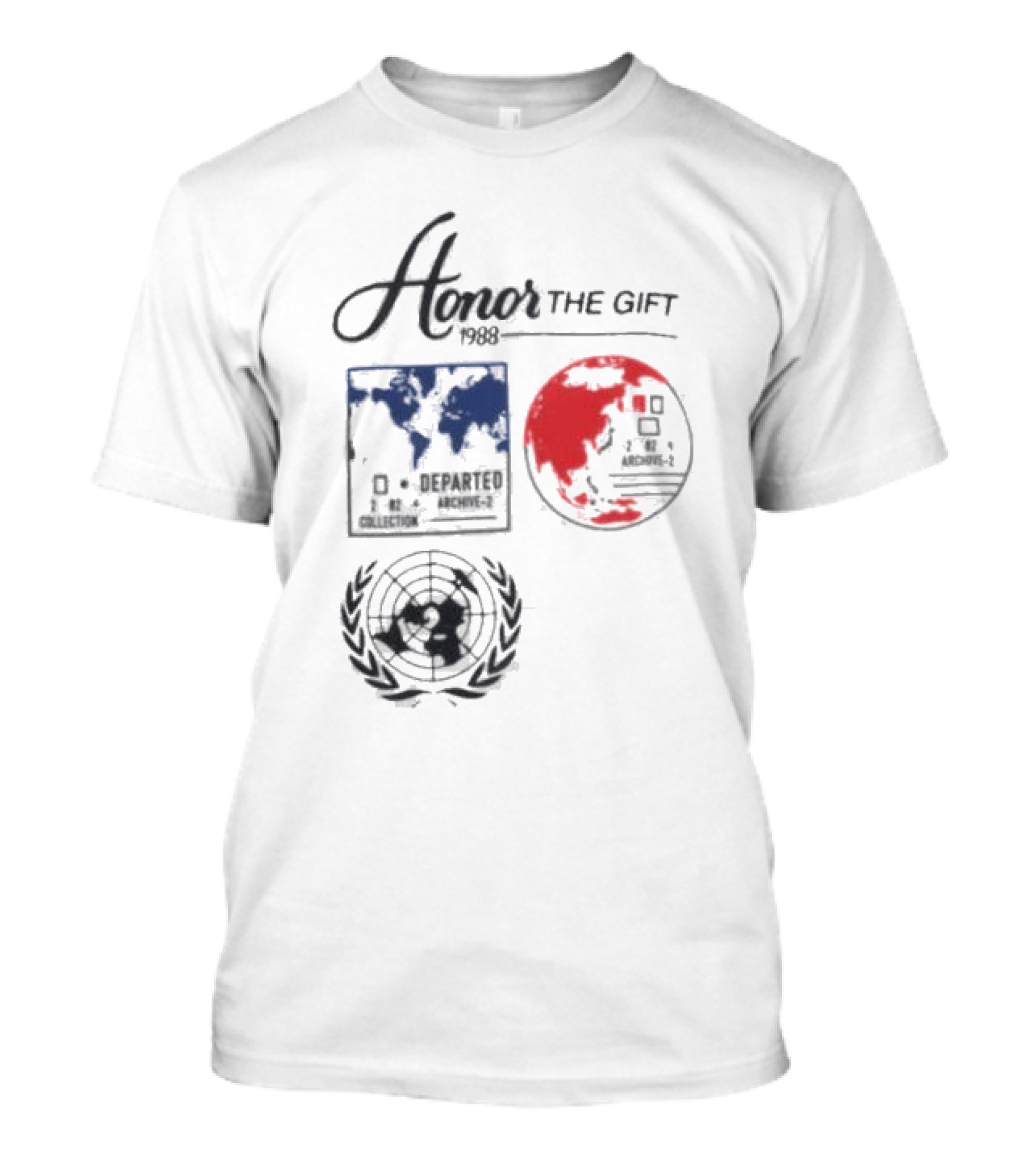 Honor The Gift 1988 Departed Collection Archive-2 World Map And Globe Symbols T-Shirt