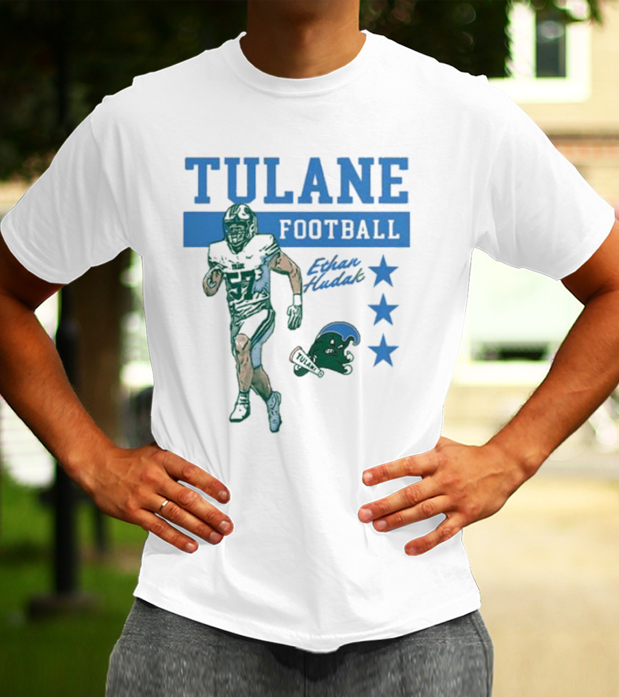 Tulane Football Ethan Hudak Player Graphic And Wave Stars T-Shirt