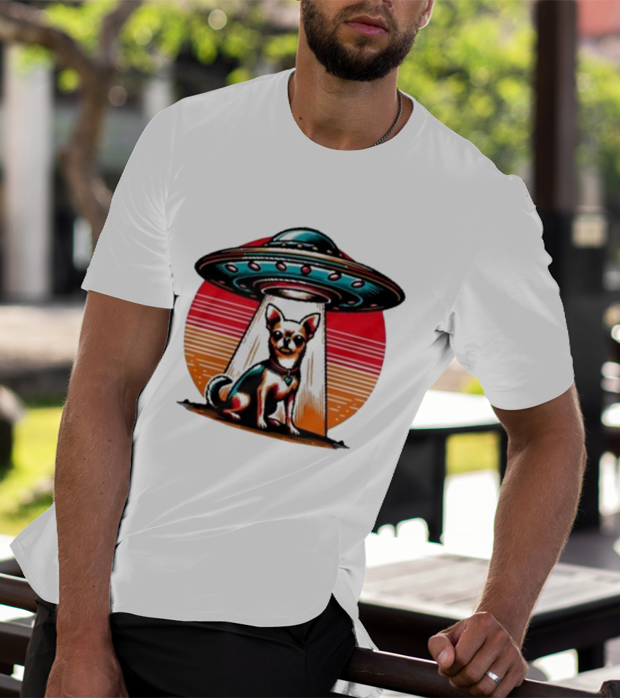 UFO Chihuahua Funny Alien Encounter Retro Sunset T-Shirt