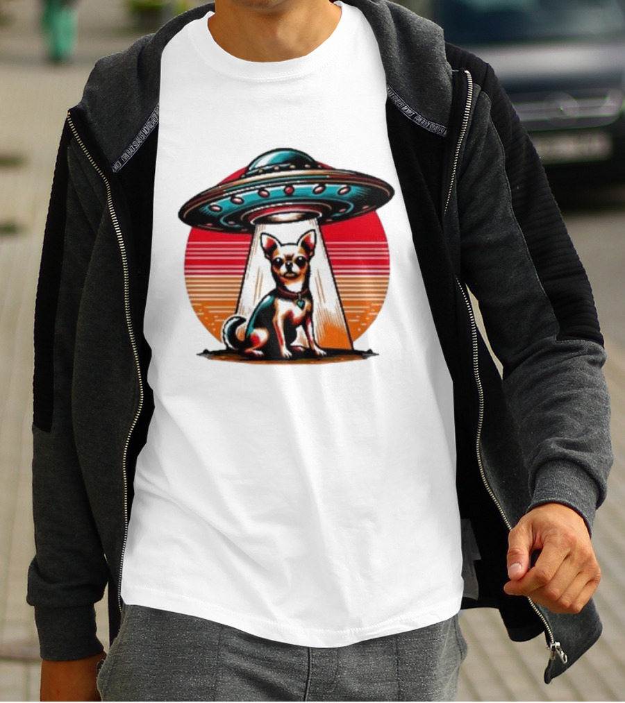UFO Chihuahua Funny Alien Encounter Retro Sunset T-Shirt