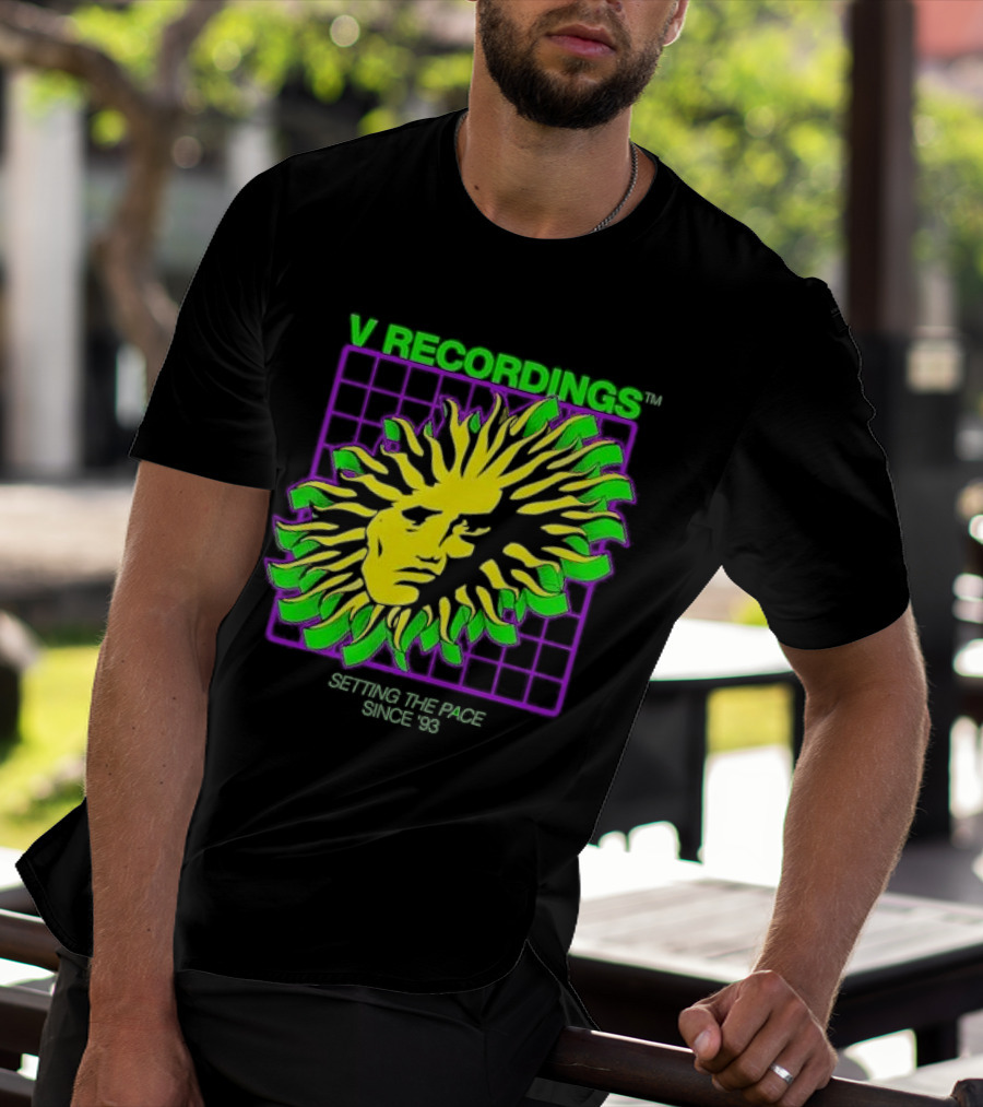 V Recordings Setting The Pace Since 93 Sunburst Face Retro Grid T-Shirt