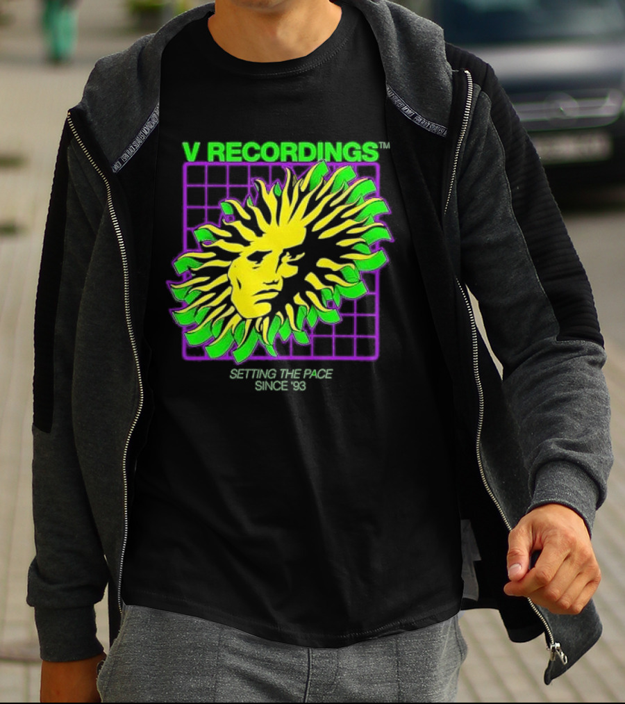 V Recordings Setting The Pace Since 93 Sunburst Face Retro Grid T-Shirt