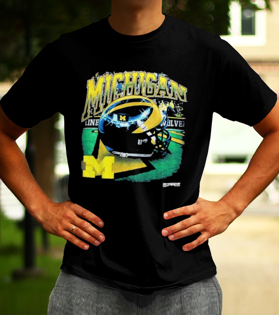 Michigan Wolverines Vintage Arch Shiny Football Helmet NCAA T-Shirt