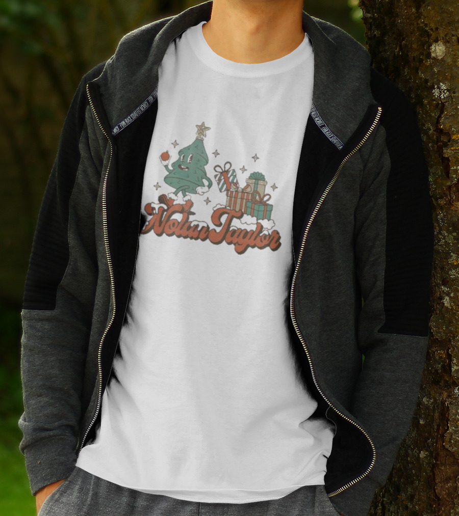 Nolan Taylor Festive Christmas Tree With Gifts And Snowy Stars T-Shirt
