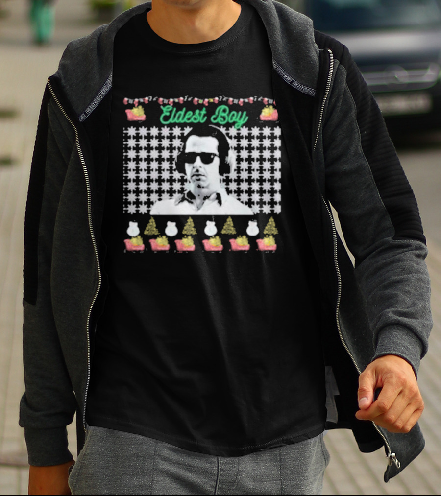 Kendall Roy Eldest Boy Ugly Christmas Sweater Design With Santa Hats And Trees T-Shirt