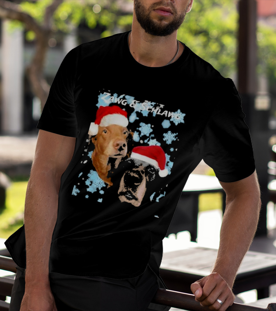 Zawg And Schlawg Christmas Dogs With Santa Hats And Snowflakes T-Shirt