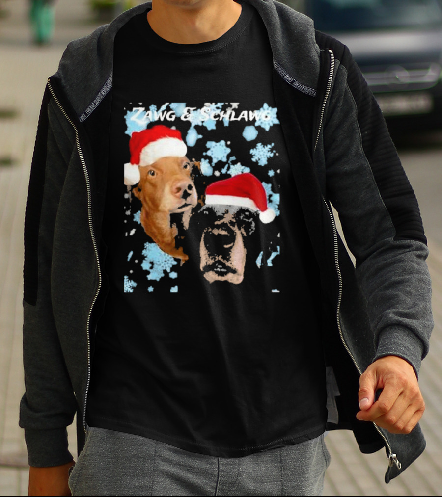 Zawg And Schlawg Christmas Dogs With Santa Hats And Snowflakes T-Shirt