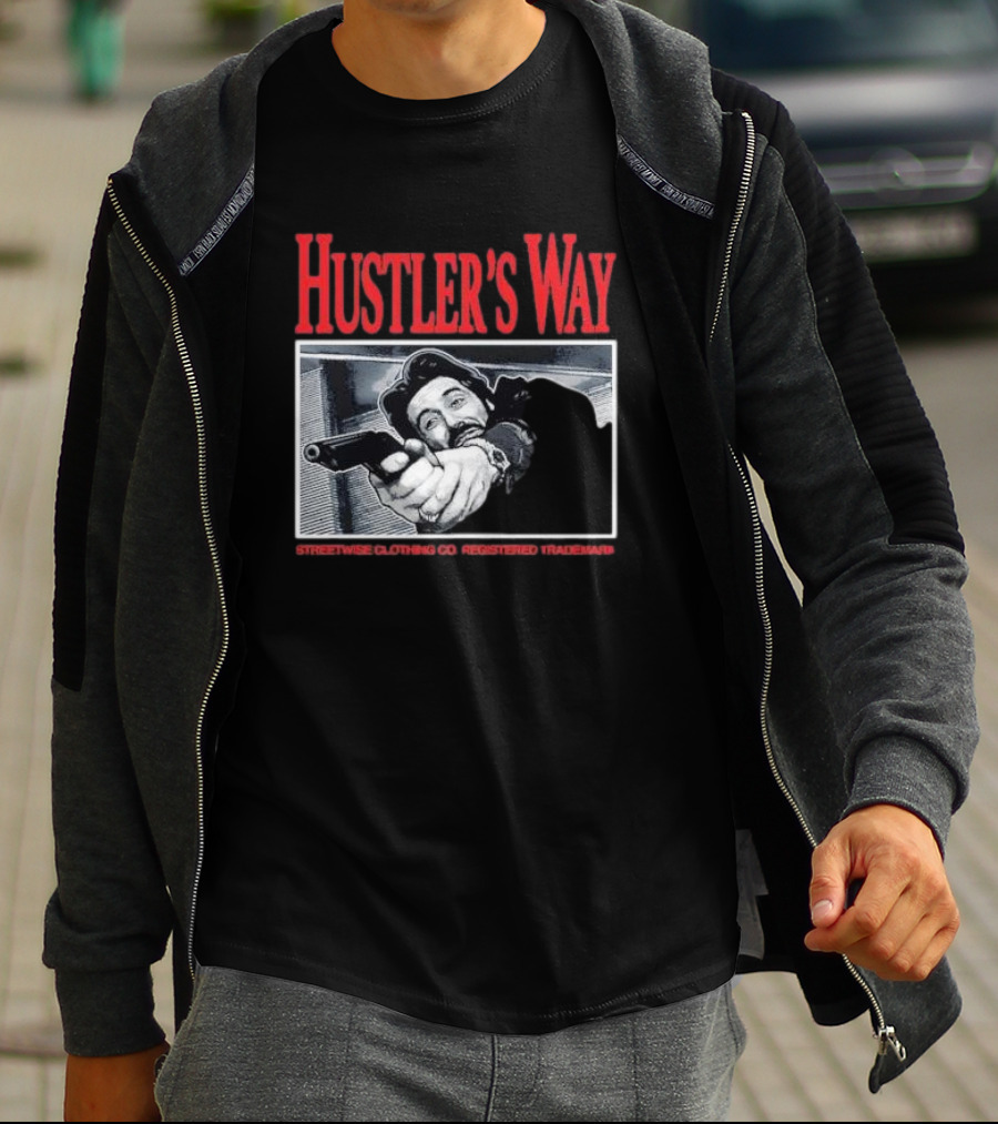 Hustler's Way Streetwise Clothing Co Registered Trademark Gunman Scene T-Shirt