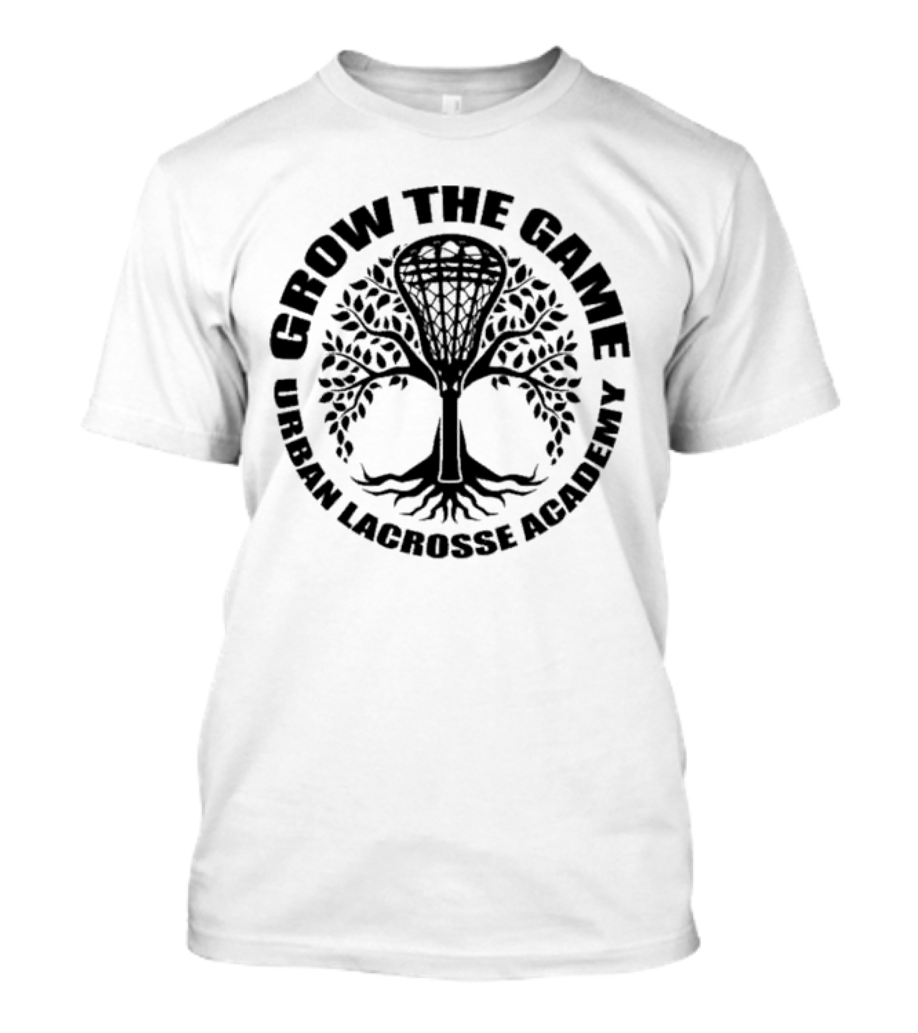 Grow The Game Urban Lacrosse Academy Tree Logo Roots And Lacrosse Stick T-Shirt