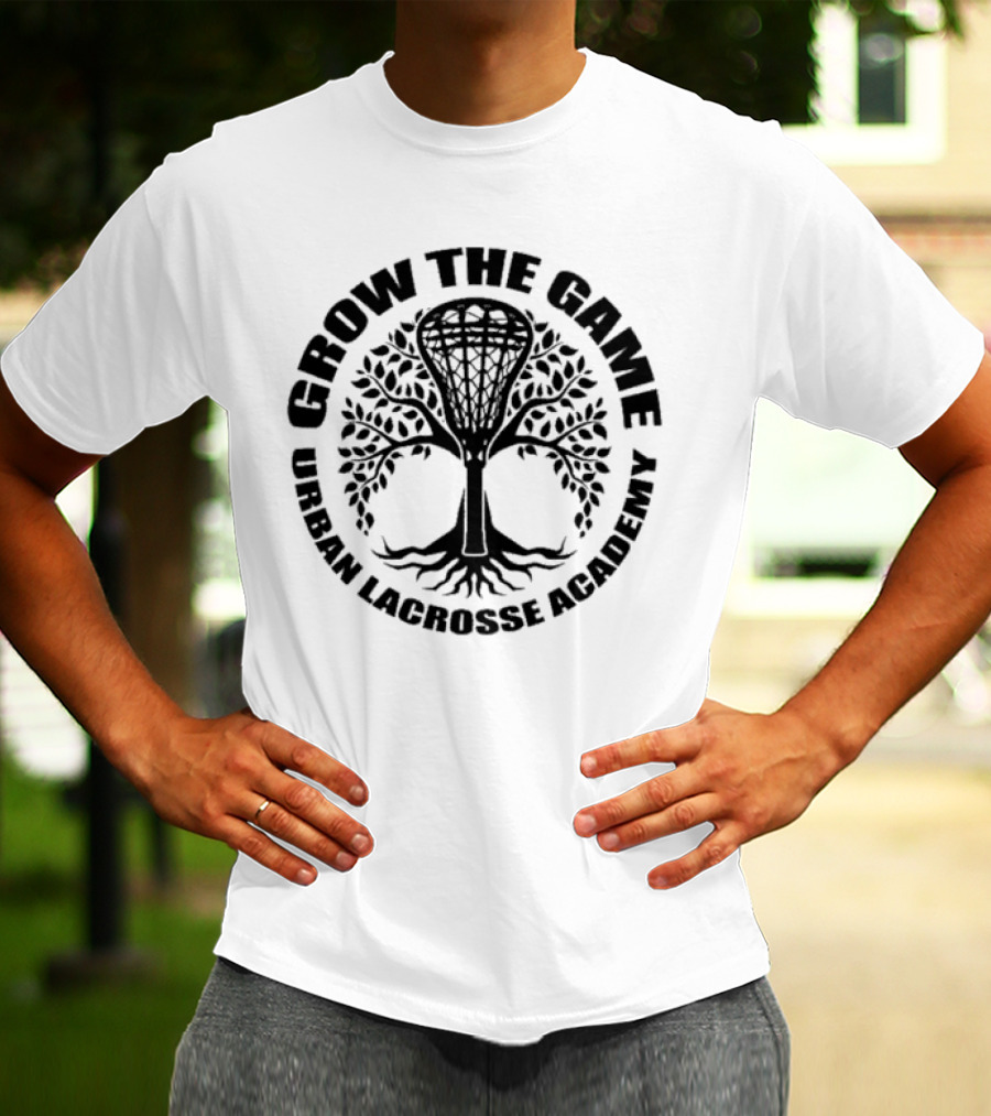 Grow The Game Urban Lacrosse Academy Tree Logo Roots And Lacrosse Stick T-Shirt