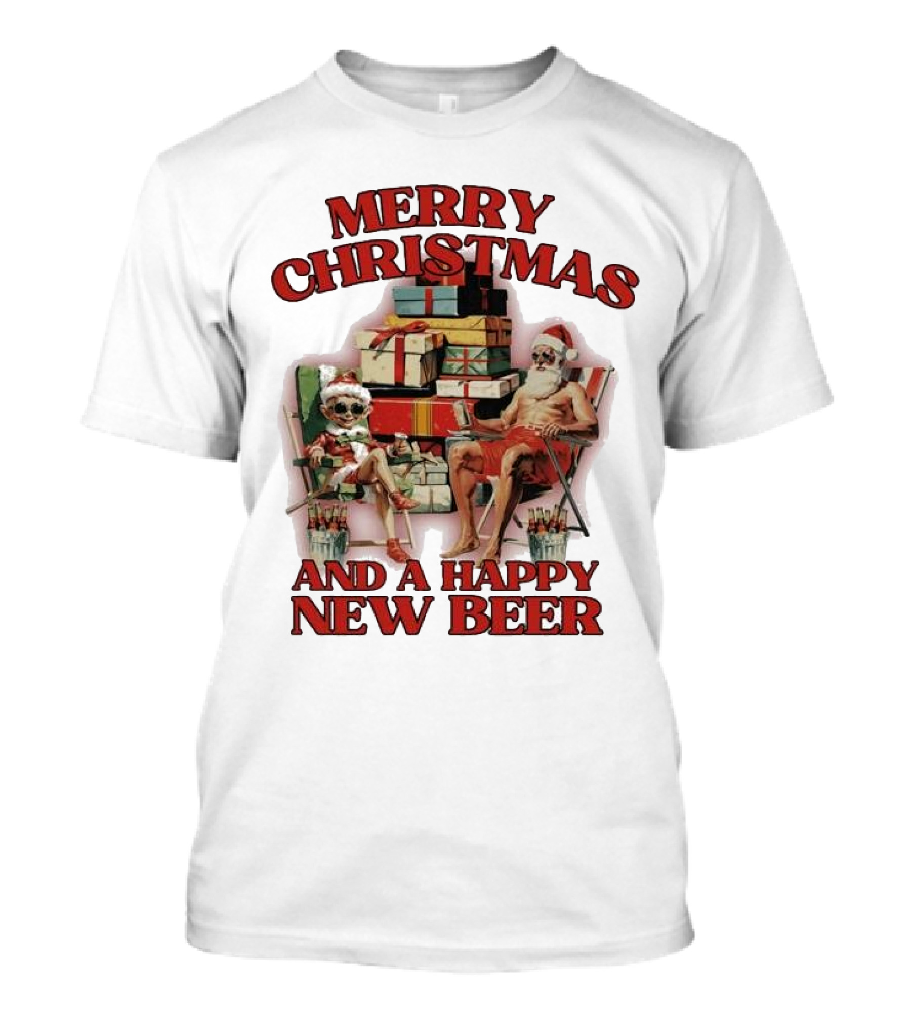 Merry Christmas And A Happy New Beer Skeleton Santa And Elf With Gifts T-Shirt