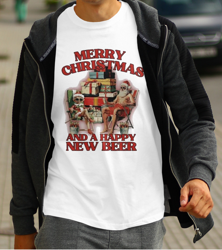 Merry Christmas And A Happy New Beer Skeleton Santa And Elf With Gifts T-Shirt