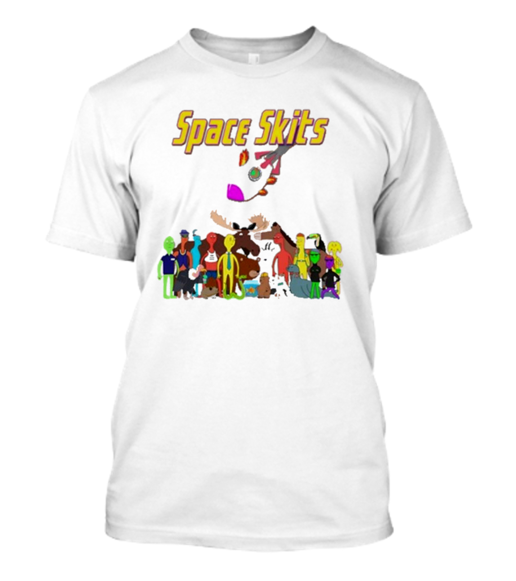 Space Skits Cartoon Characters And Whimsical Alien Crew T-Shirt
