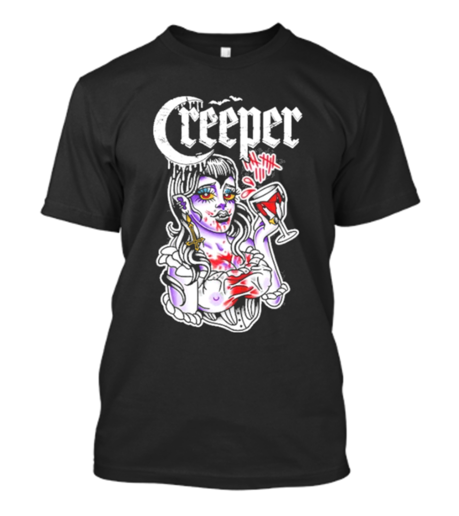 Creeper Vampire Lady With Wine Glass And Blood Splatter T-Shirt