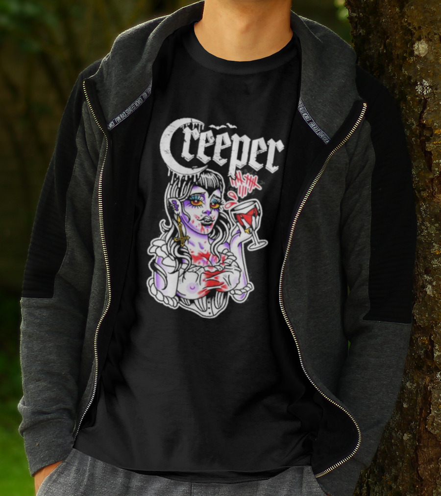 Creeper Vampire Lady With Wine Glass And Blood Splatter T-Shirt