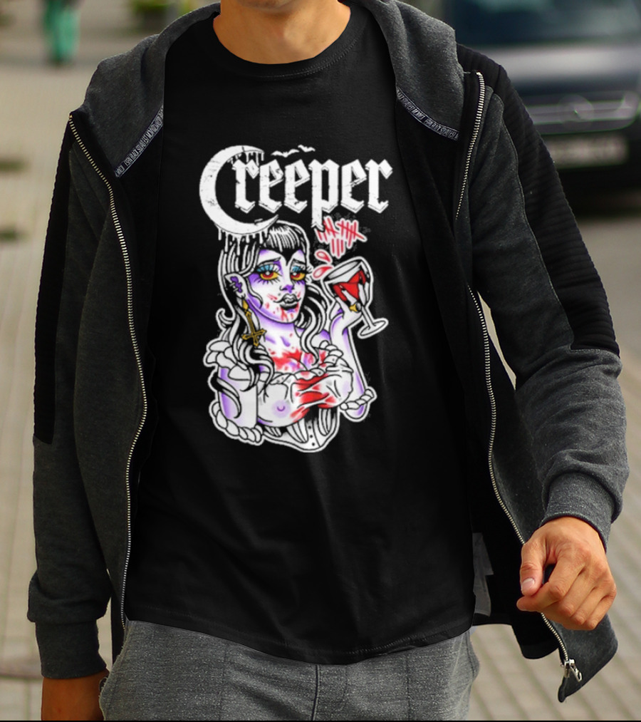 Creeper Vampire Lady With Wine Glass And Blood Splatter T-Shirt