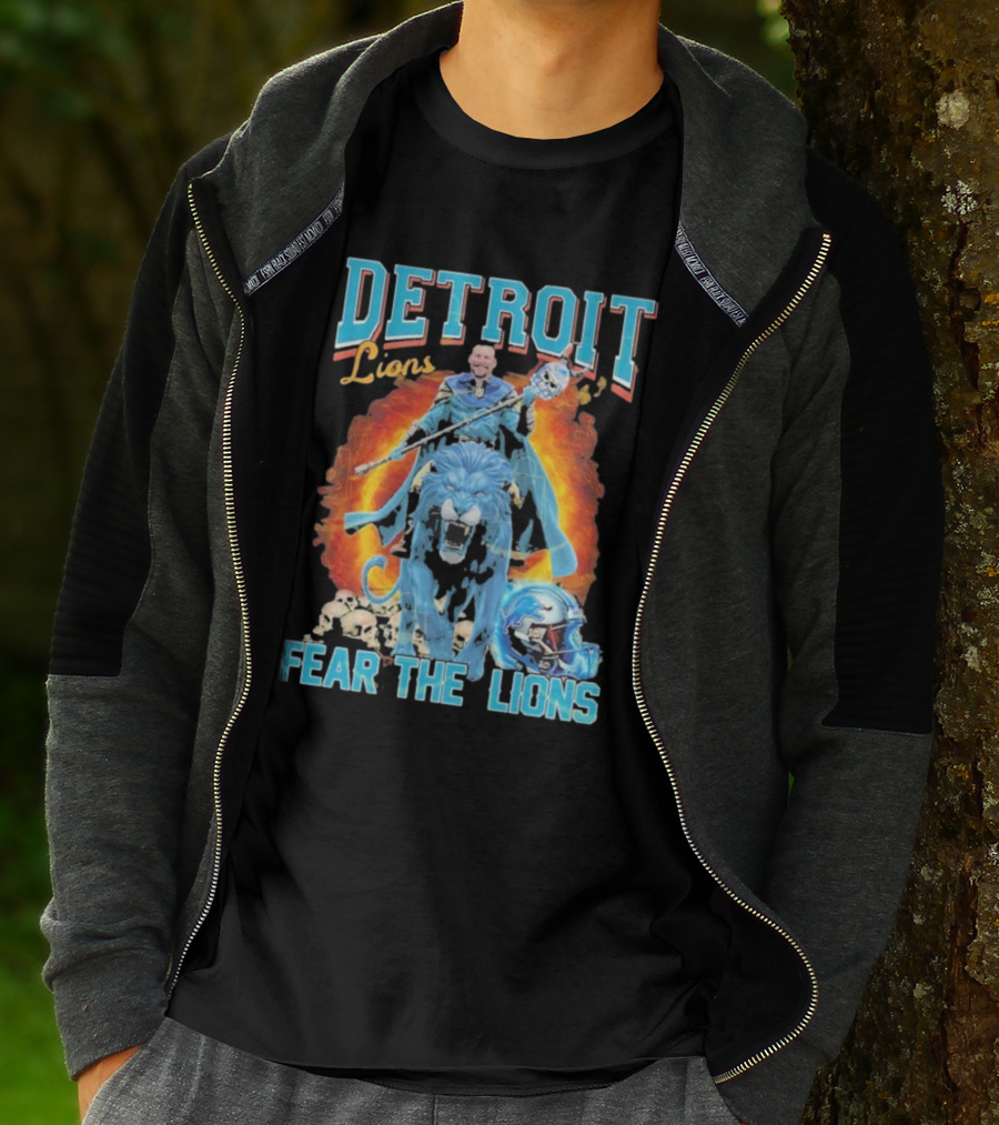 Detroit Lions Fear The Lions Blue Flame Warrior Helmets Skulls T-Shirt