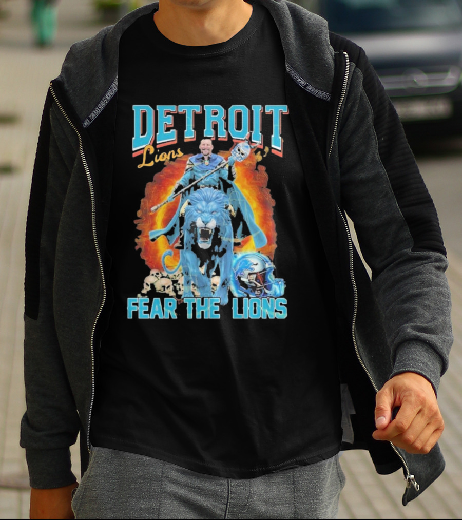 Detroit Lions Fear The Lions Blue Flame Warrior Helmets Skulls T-Shirt