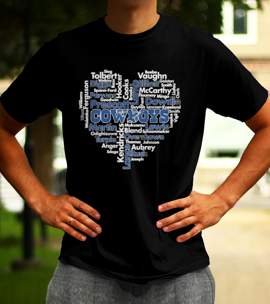 Dallas Cowboys Heart With Player Names Prescott Parsons Diggs Elliott T-Shirt