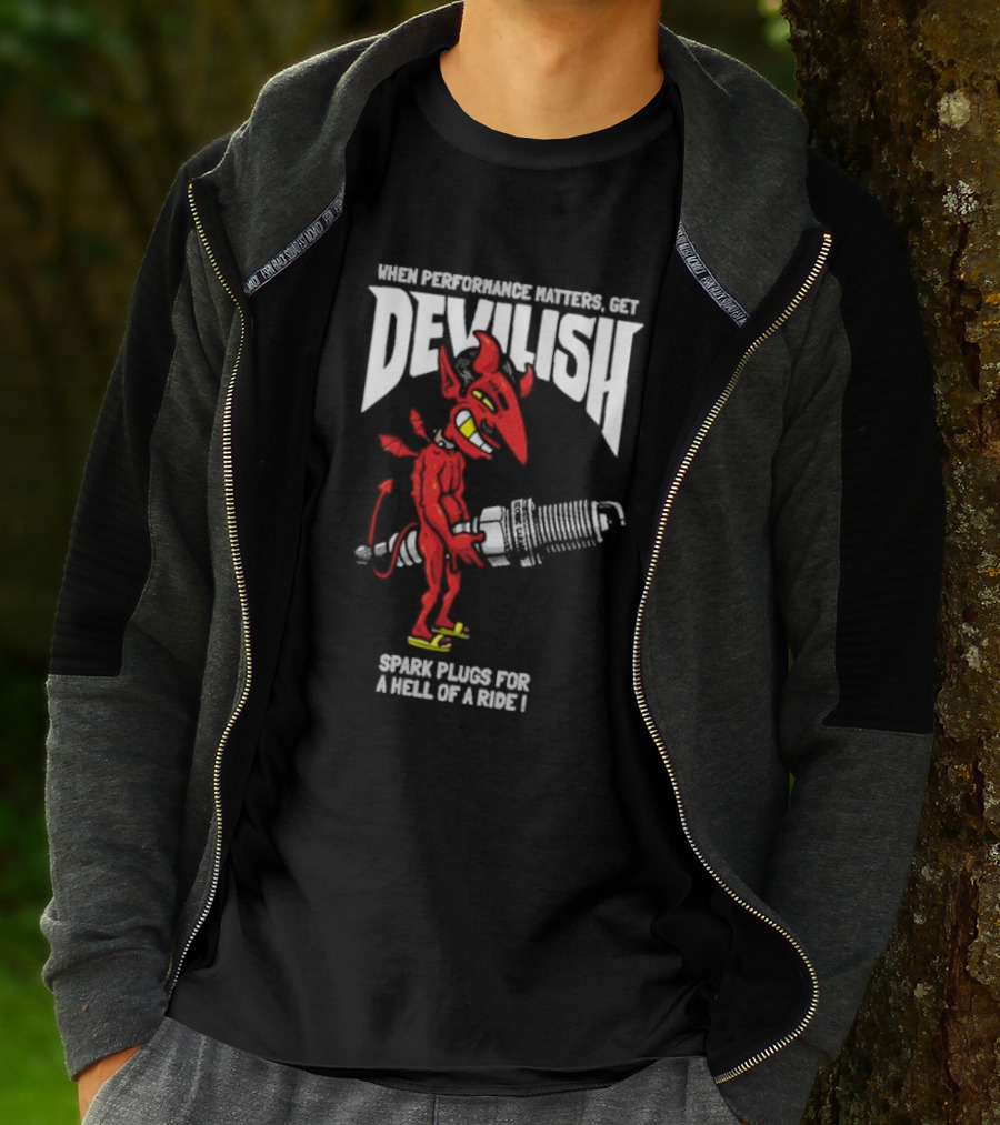 When Performance Matters Get Devilish Spark Plugs For A Hell Of A Ride Devil Character Holding Spark Plug T-Shirt