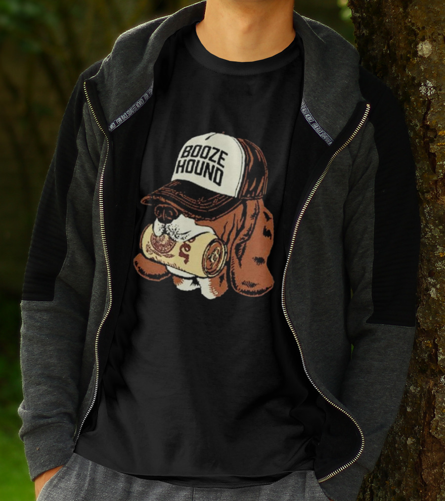 Booze Hound Dog Wearing Cap Holding Beer Can T-Shirt