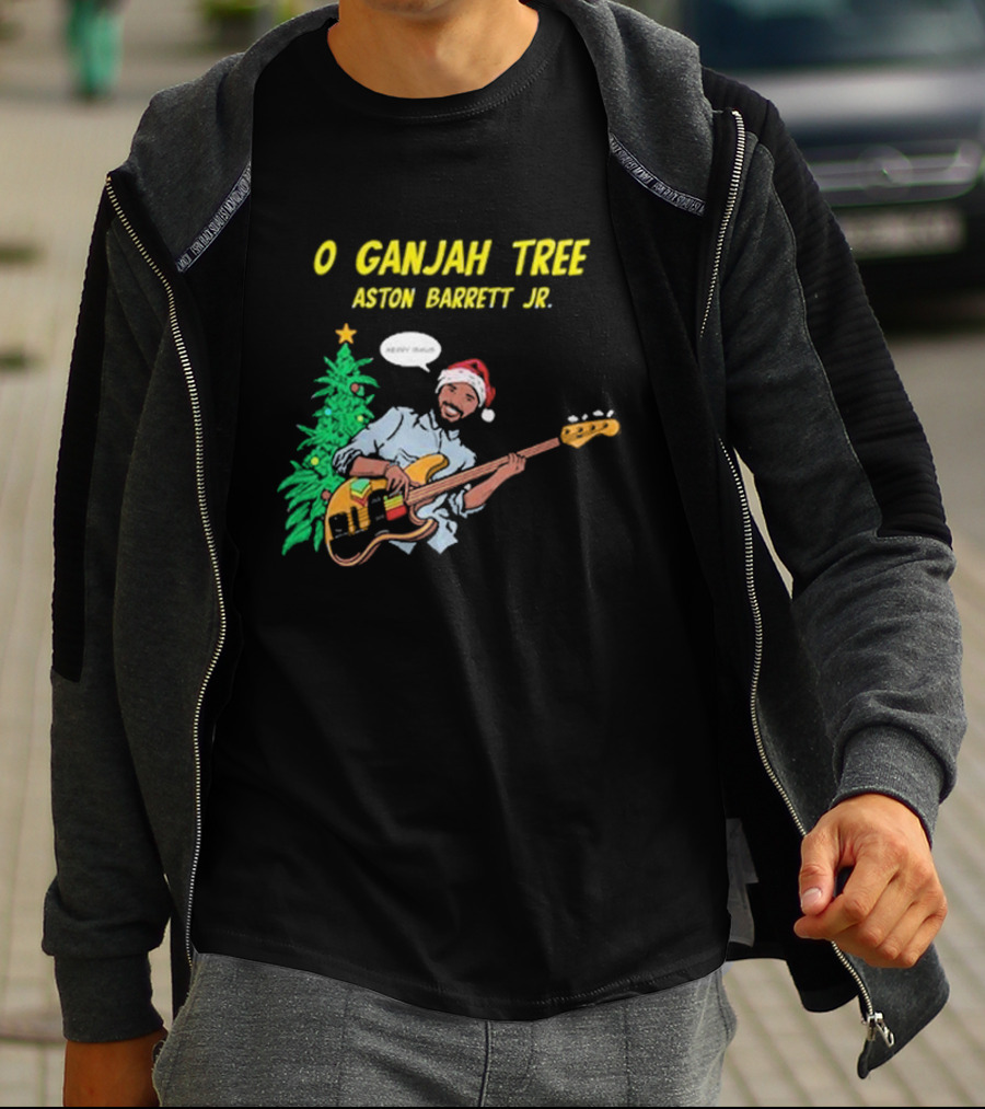 O Ganjah Tree Holiday Christmas Aston Barrett Jr Santa Hat Playing Guitar T-Shirt