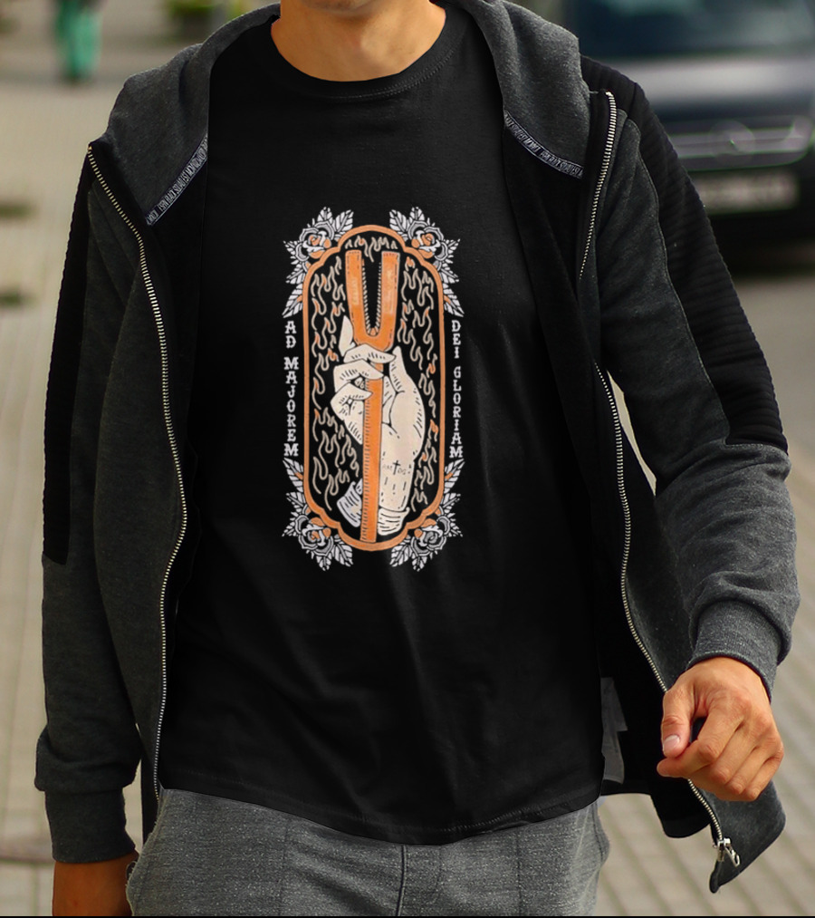 Ad Majorem Dei Gloriam Hook And Irons Hand With Flames And Roses T-Shirt