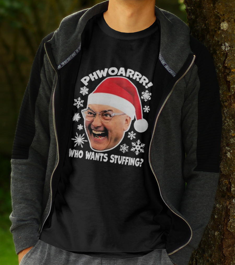 Phwoarrr Gregg Wallace Who Wants Stuffing Snowflakes Santa Hat T-Shirt