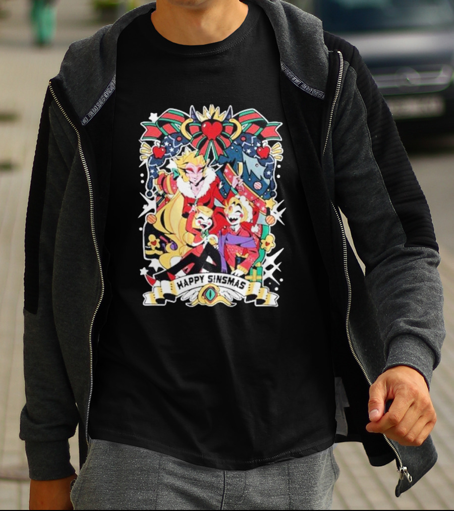 Hazbin Hotel Happy Sinsmas Christmas Celebration With Characters And Holiday Decorations T-Shirt