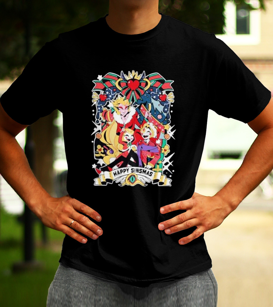 Hazbin Hotel Happy Sinsmas Christmas Celebration With Characters And Holiday Decorations T-Shirt