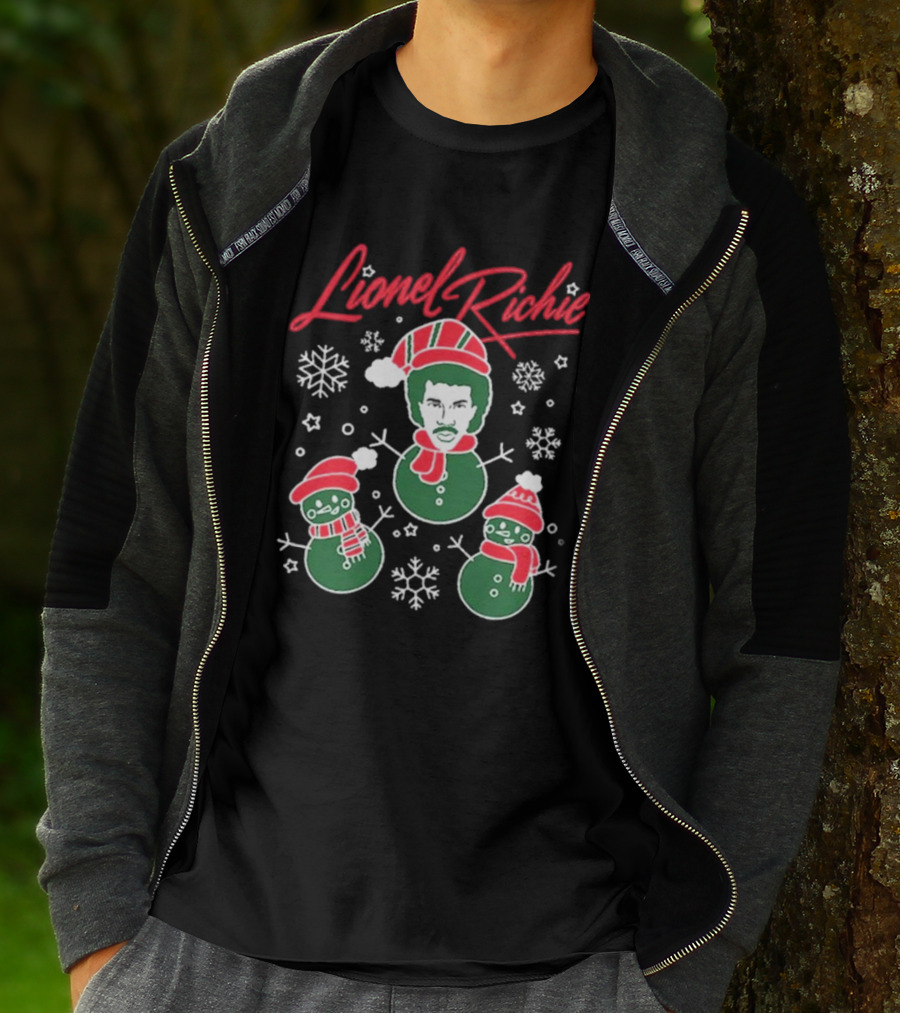Lionel Richie Festive Snowman Trio With Red And Green Accents T-Shirt