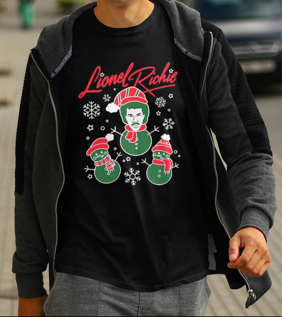 Lionel Richie Festive Snowman Trio With Red And Green Accents T-Shirt