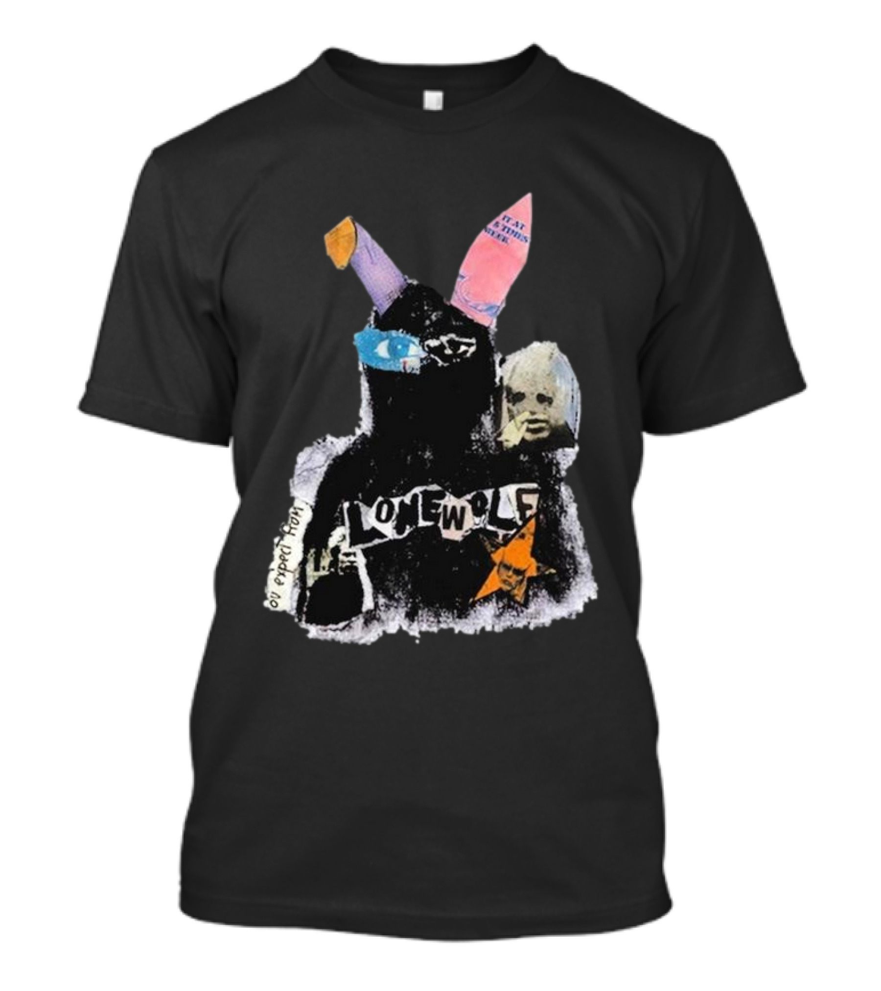 Lonewolf Bunn Psychedelic Collage With Earpiece Text And Star Elements T-Shirt