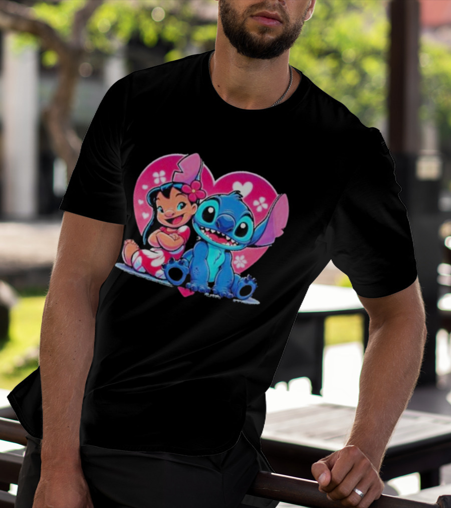 Lilo And Stitch Heart Background Pink Flower Ears Cute Characters T-Shirt