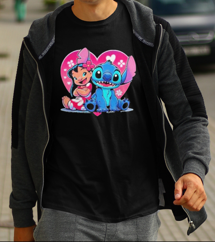 Lilo And Stitch Heart Background Pink Flower Ears Cute Characters T-Shirt