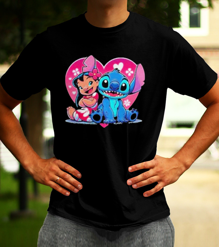 Lilo And Stitch Heart Background Pink Flower Ears Cute Characters T-Shirt
