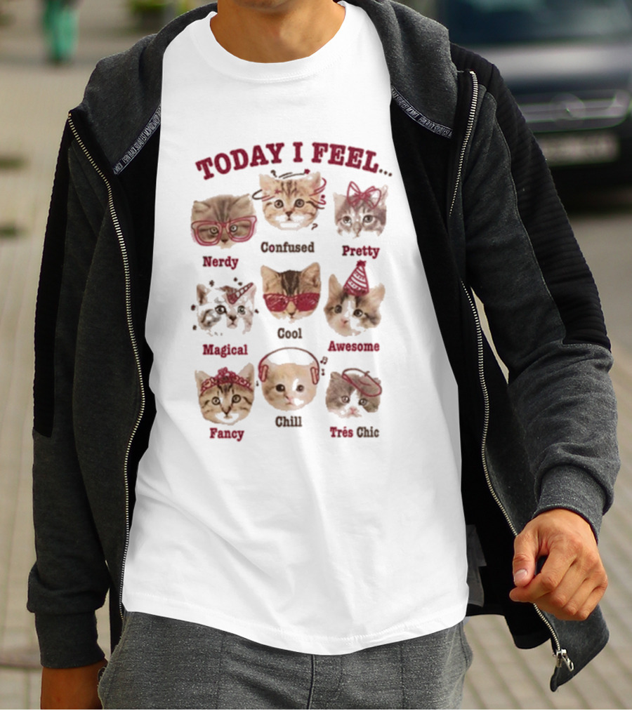 Today I Feel Nerdy Confused Pretty Magical Cool Awesome Fancy Chill Très Chic Cats T-Shirt