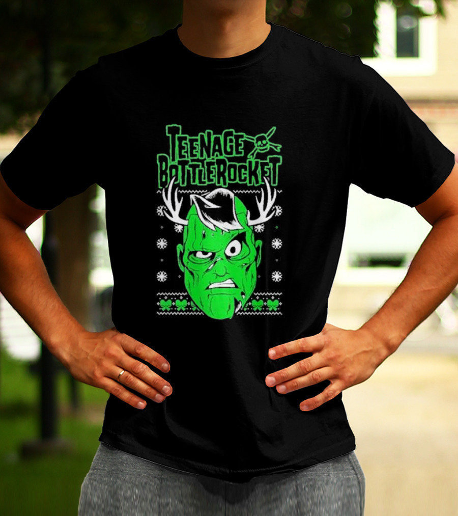 Teenage Bottlerocket Green Grumpy Face With Antlers Snowflakes Skulls Christmas T-Shirt