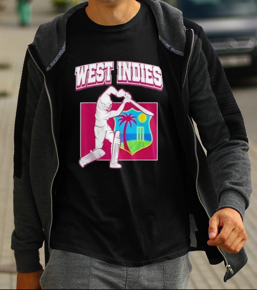WEST INDIES CRICKET WINDIES LOGO BATSMAN PALM TREE STUMPS SUN CREST T-Shirt