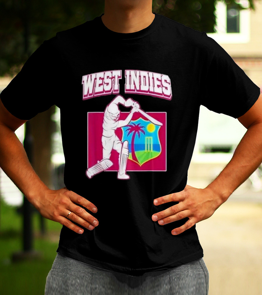 WEST INDIES CRICKET WINDIES LOGO BATSMAN PALM TREE STUMPS SUN CREST T-Shirt